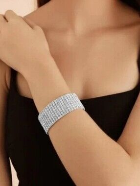 2 Rhinestone Cuff Bracelets - 7-Rows - Stretchy - Prom - Grad - Wedding  ✨️